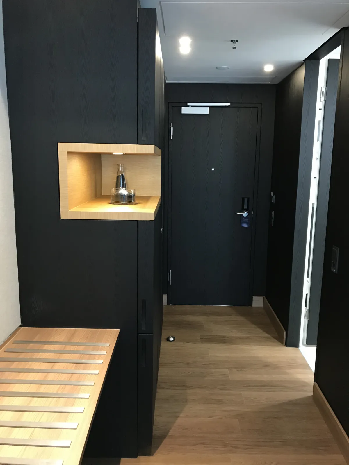 Entrada de una habitación del Radisson Blu Colonia con armario negro y hornacina de roble